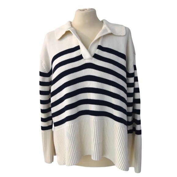 GAP White Navy Striped Sweater Size M Petite 100% Cotton Polo Knit Nautical Prep - Picture 1 of 9